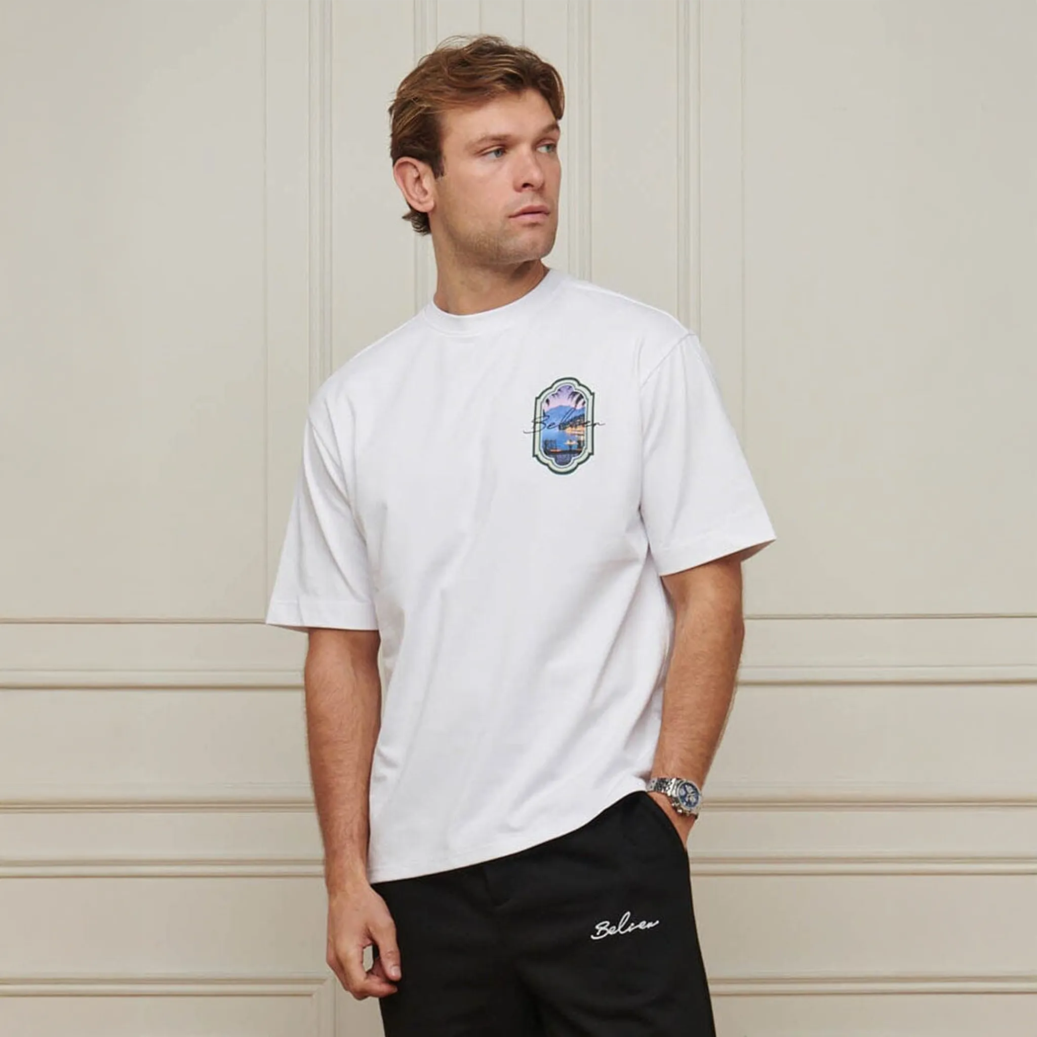 Front View of Belier Riviera View White T Shirt BM839WHT